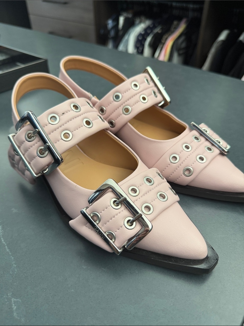 Ganni Pale Pink Buckled Pointed Slingback Flats
